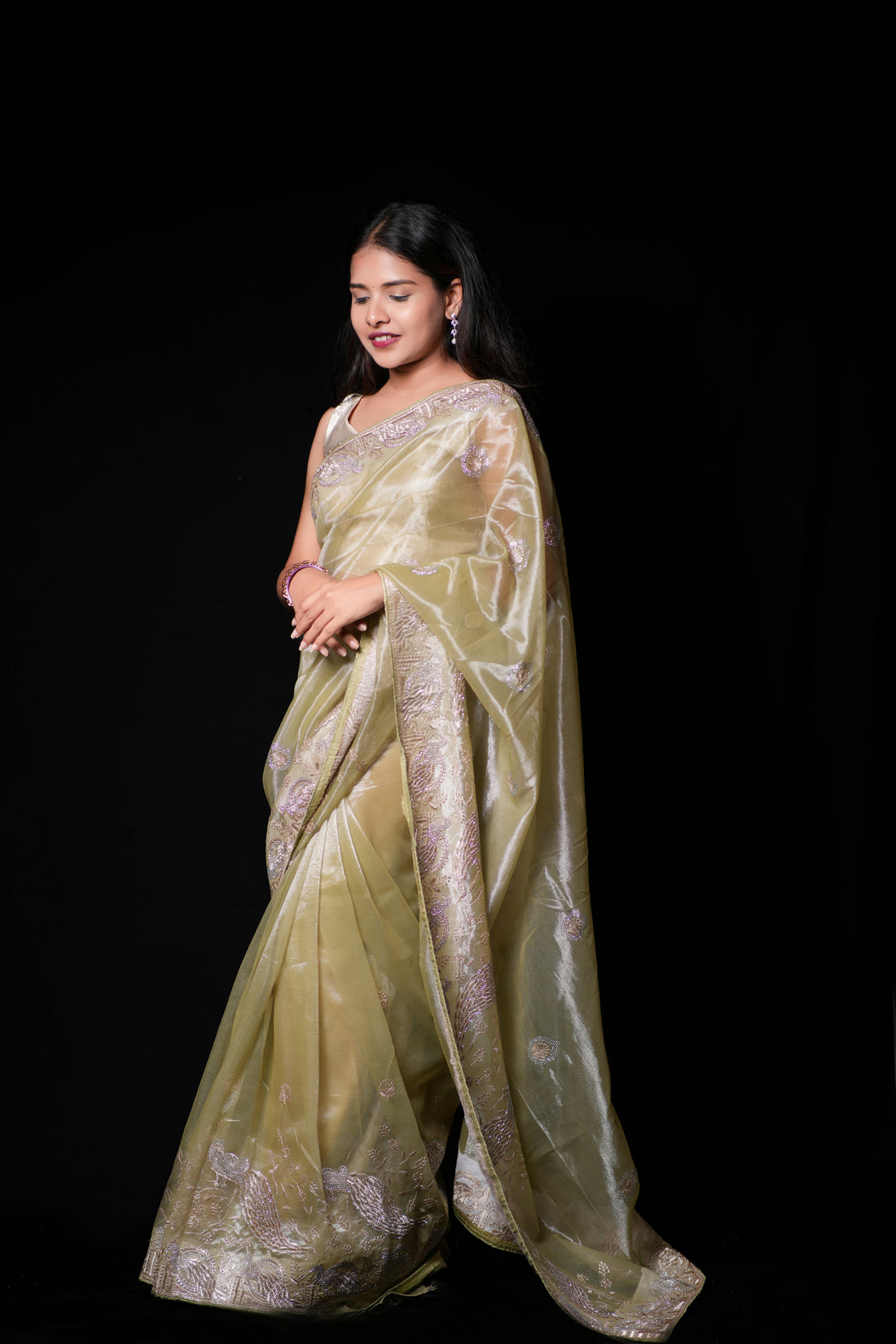 Pastel Pistachio Green Organza Tissue Saree with Peacock border