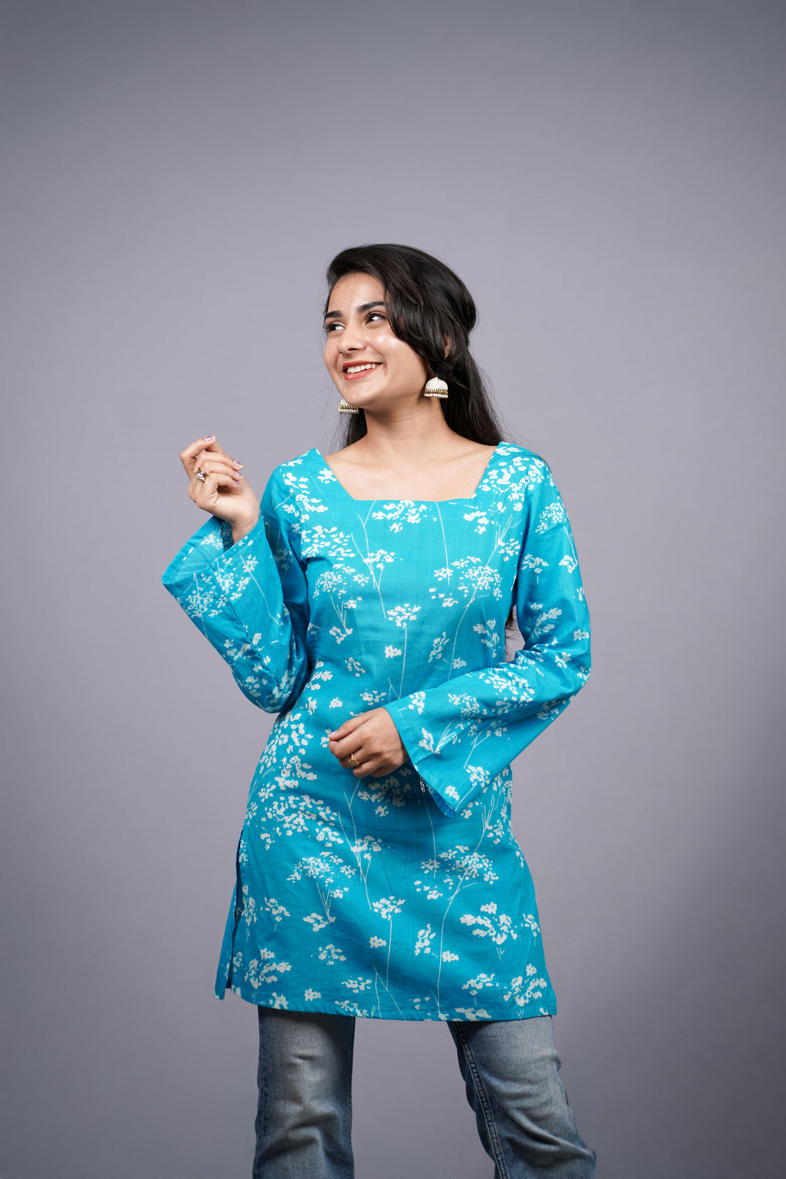 Neerja Aqua Floral Corset Back Short Kurti