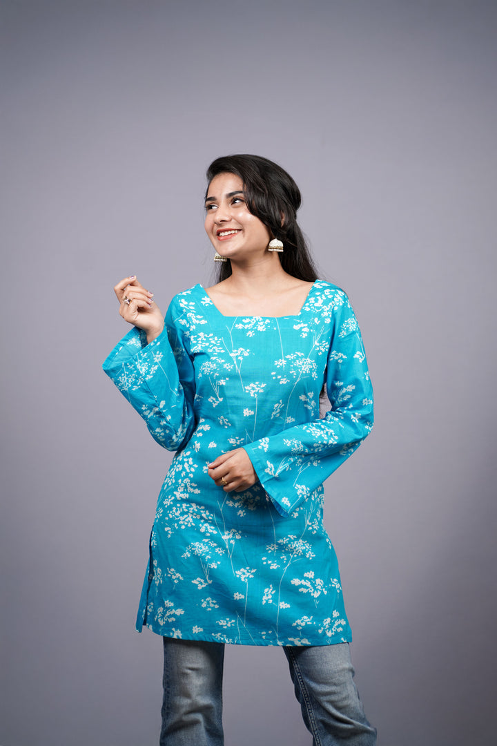 Neerja Aqua Floral Corset Back Short Kurti
