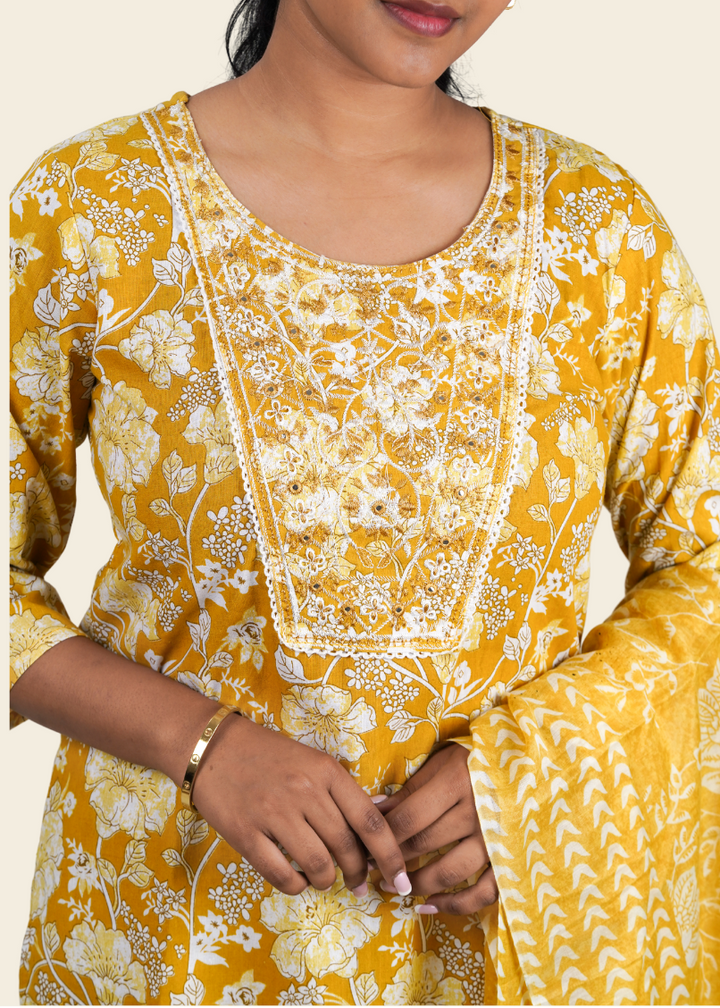 ISHNA Mustard Bloom Heritage Kurti Set