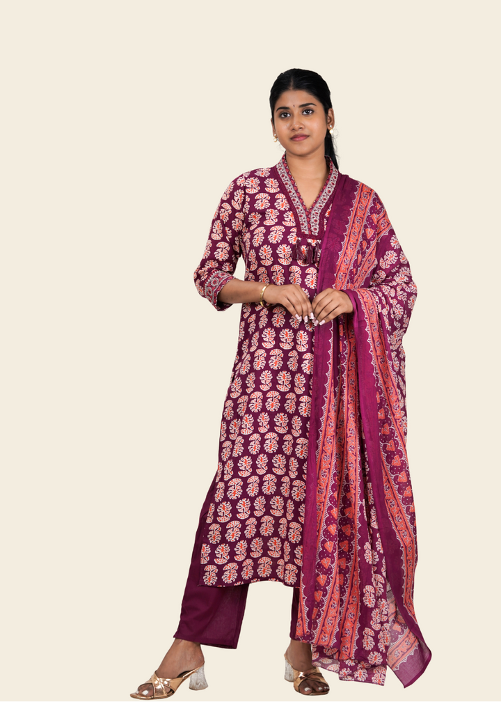 ISHNA Maroon Heritage Print Kurti Set