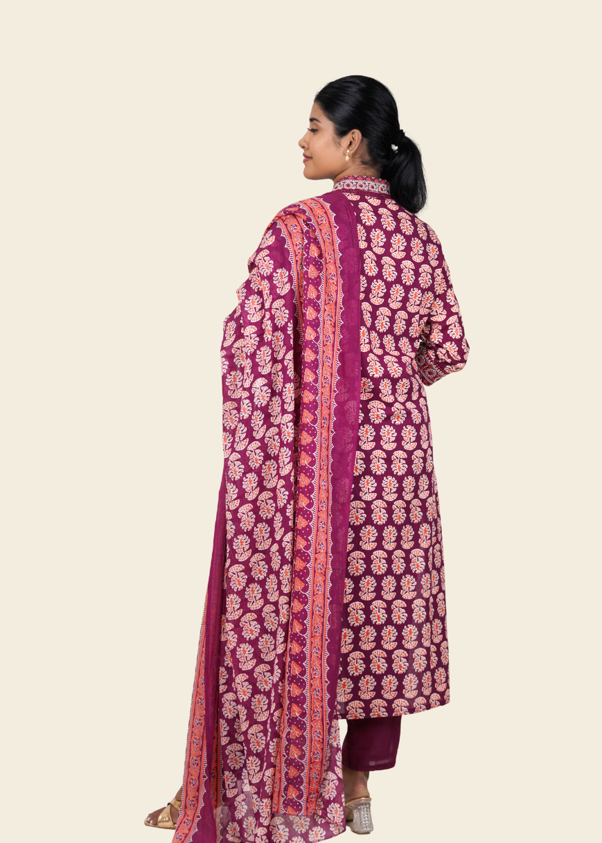 ISHNA Maroon Heritage Print Kurti Set